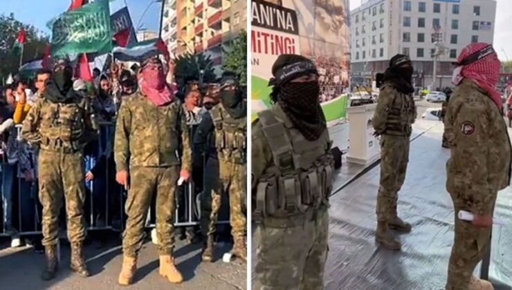 HÜDA-PAR başkanı Yapıcıoğlu, Kassam Tugayları’nın üniformasını giyen şahıslar sahneye çıktı