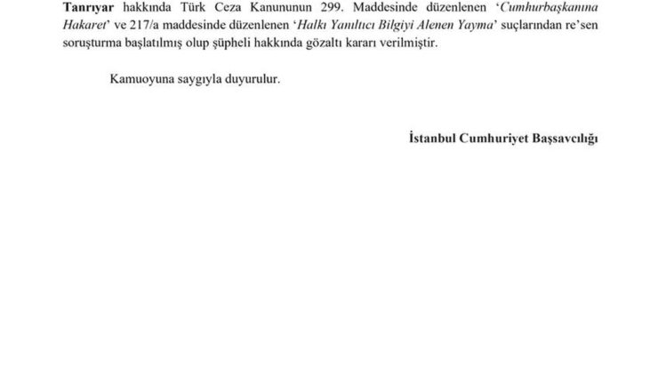 Tamar Tanrıyar hakkında toplumsal medya paylaşımları sebebiyle gözaltı kararı